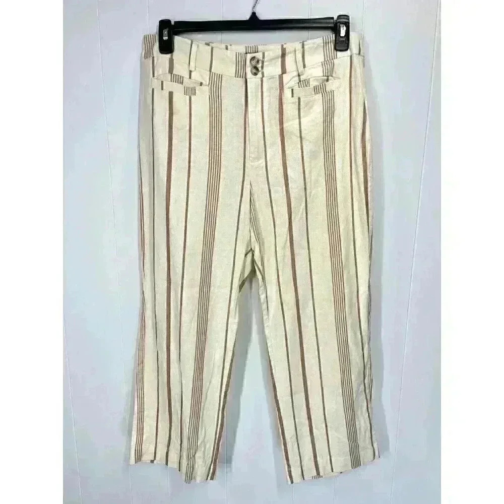 ModCloth Cropped Pants Women’s 12 New Opportunity Linen Blend Ivory Stripe Boho